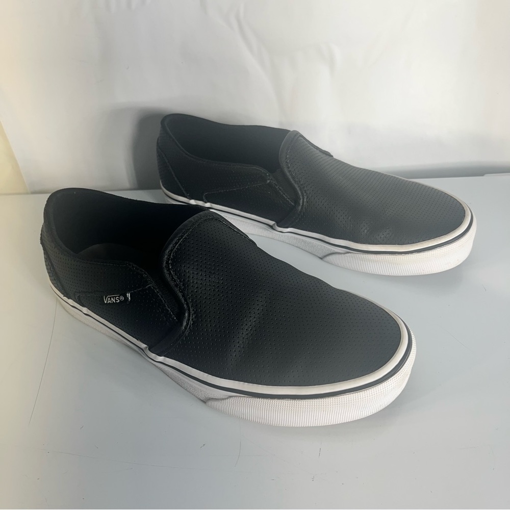 Vans Asher Perforated Black Leather Slip On Sneakers Women's Size 6